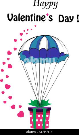 Happy  Valentine's day greeting card with space for text. Cute cartoon gift wrapped with ribbon falling down on parachute and many cute pink hearts ar Stock Vector