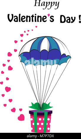 Happy  Valentines day cartoon greeting card with  gift wrapped with bow falling down with parachute and many cute pink hearts around. Greeting card fo Stock Vector