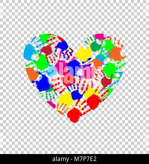 Vibrant heart icon made of colored hand prints isolated on transparent background. Vector illustration, logo, clip art. Symbol of childhood, multicult Stock Vector