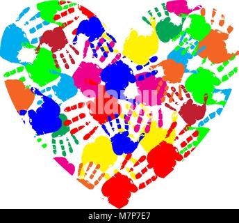 Vibrant heart icon made of multicolored hand prints isolated on white background. Vector illustration, logo, clip art. Symbol of childhood, multicultu Stock Vector