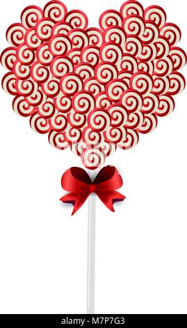 Vector illustration of red and white lolipop heart made of sweets and candies wrapped with red lace isolated on white background. Sweet candy heart on Stock Vector