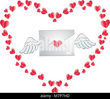 Vector Illustration of envelope with heart stamp and white angel wings framed with red heart isolated on white background. Clip art for Valentine's Da Stock Vector
