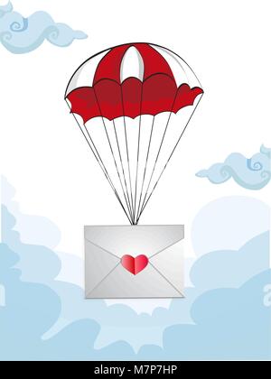 Vector Illustration of envelope with heart stamp flying with parachute in blue sky among the clouds. Flying love letter in cartoon style. Valentine's  Stock Vector