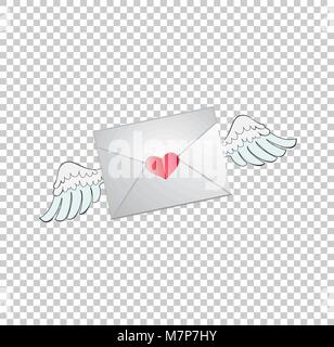 Vector Illustration of envelope with heart stamp and white angel wings isolated on transparent background. Clip art for Valentine's Day card, icon, sy Stock Vector