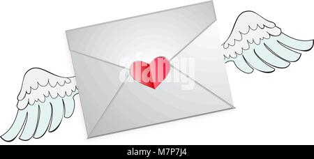 Closed envelope with heart stamp and white angel wings. Flying love letter sign isolated on white background. Valentine's Day illustration, symbol for Stock Vector