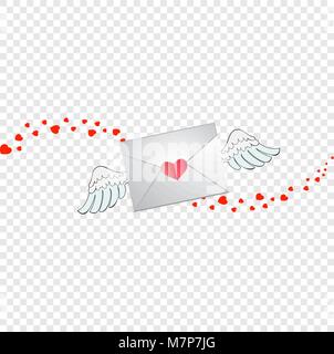 Closed envelope with heart stamp, white angel wings and hearts wave track isolated on transparent background. Flying love letter sign, Valentine's Day Stock Vector
