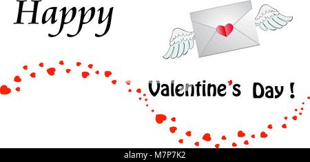Happy Valentine's Day template. Closed heart stamped envelope with white angel wings and hearts wave track on white background with space for text. Ve Stock Vector