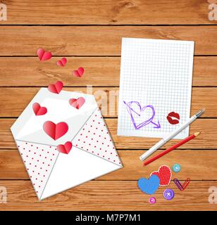 Valentines card with cute opened envelope with scattered red folded hearts, empty blank with hand drawn heart and kissmark on wooden background. Vecto Stock Vector