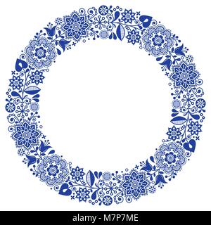 Folk art floral werteth, vector ornamental round frame, Scandinavian design with flowers in circle, ethnic composition Stock Vector