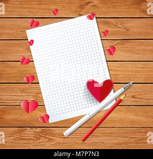 Valentine card or love letter composition with scattered hearts, fountain pen, red pencil and empty copyspace over the wooden boards covered surface.  Stock Vector