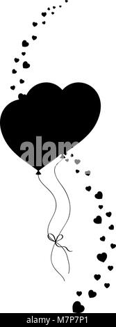 Black silhouette of couple heart shaped helium balloons bounded together and vertical wave made of  many little hearts confetti isolated on white. Vec Stock Vector