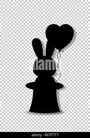 Black silhouette of rabbit with heart shaped balloon in the black magic top hat isolated on transparent background. Monochrome vector illustration, si Stock Vector