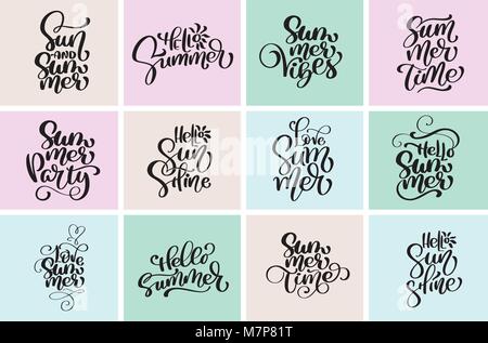 Set typographic hello summer designs. Hand drawn vector calligraphic text design templates. Summer time season logos, posters, t-shirt, flyer, apparel Stock Vector
