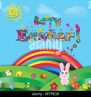 Happy Easter vector cartoon colorful paper illustration of cute rabbit on beautiful landscape background with sun, flowers, birds and rainbow on green Stock Vector