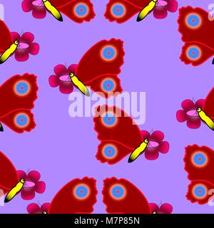 Beautiful butterfly with big wings on the flowers. Vector seamless texture. Stock Vector