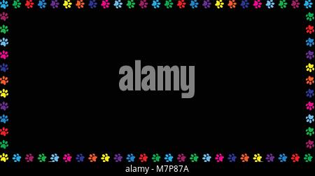 Multicolored rectangle frame work made of rainbow vibrant colored animal s paw prints isolated on black background. Vector template, border, photo fra Stock Vector
