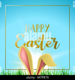 Easter bunny holiday greeting card illustration, rabbit ears hiding behind grass with happy celebration message and frame in gold color. EPS10 vector. Stock Vector