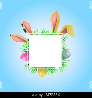 Happy Easter holiday illustration template. Empty card frame with copy space includes funny rabbit ears, painted eggs and spring elements. EPS10 vecto Stock Vector