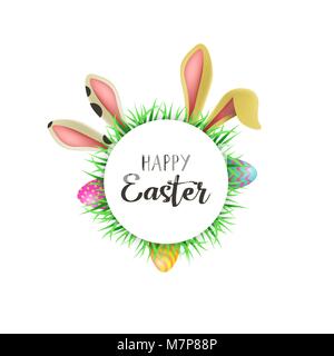 Happy Easter greeting card illustration with cute rabbit ears and painted eggs hiding in grass. Includes celebration text quote for spring time holida Stock Vector