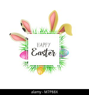 Happy Easter greeting card illustration with cute rabbit ears and painted eggs hiding in grass. Includes celebration text quote for spring time holida Stock Vector