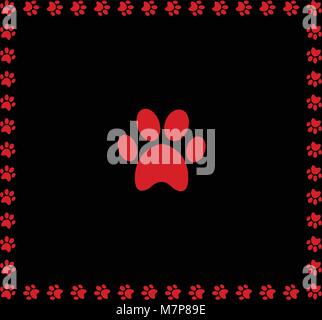Red animal pawprint icon framed with paw prints square border isolated on black  background. Vector illustration, sign, symbol, icon, clip art. Stock Vector