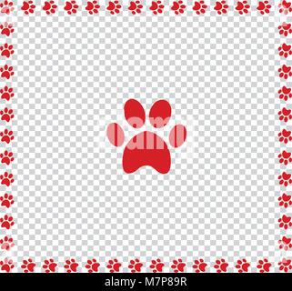 Red animals pawprint icon framed with paw prints square border isolated on transparent  background. Vector illustration, sign, symbol, icon, clip art, Stock Vector