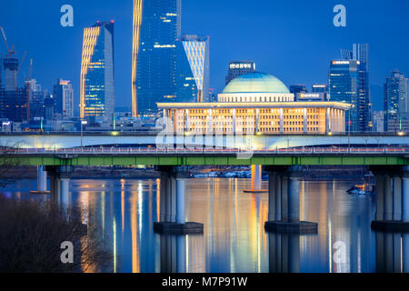 Night view of Korea National Assembly Hall with Han river in Seoul city, South Korea Stock Photo