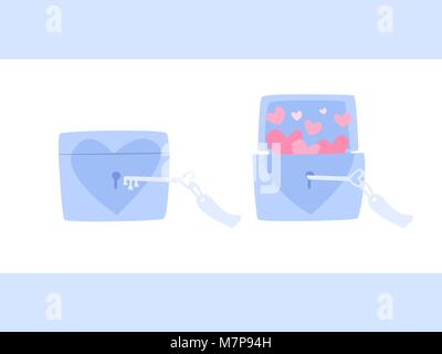 Open box of heart with key, heart in a lock box, Cute box of heart, Abstract picture meaning about love, Love card for Valentine's Day, Picture for we Stock Vector
