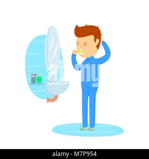 Man in pajamas brushing teeth in bathroom, Young man brushing teeth on morning, man brushing teeth after wake up, On white background, routine daily i Stock Vector