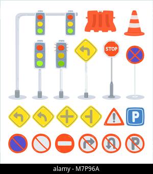 Set of traffic sign equipment, traffic light, plastic barriers, traffic cones, traffic sign, road sign, objects with white background, cute vector car Stock Vector