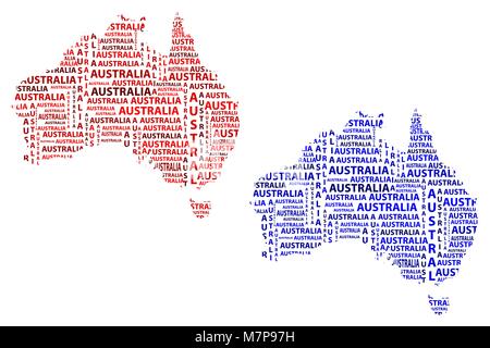 Sketch Australia letter text continent, Australia word - in the shape of the continent, Map of continent Australia - red and blue vector illustration Stock Vector