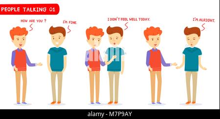 Set of two men talking about " How are you ? " ,Two men character talking, Young men, Gestures ,Set of three feeling of man , I'm fine ,I don't feel w Stock Vector