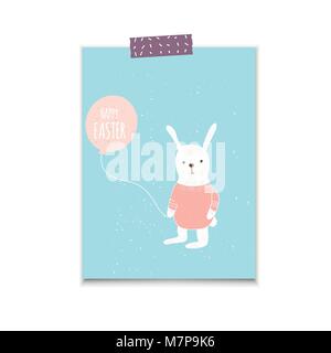 Easter banner background, template with cute banny, rabbit and text, hand drawn illustration. Modern postcard or invitation for holliday. Stock Vector