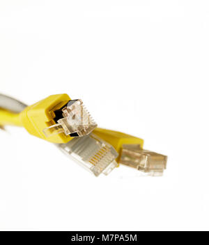 Network cat6e cable with RJ45 connector on white background Stock Photo