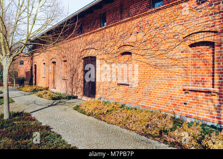 old red brick barn with wooden door surrounded by leafless vines Stock Photo