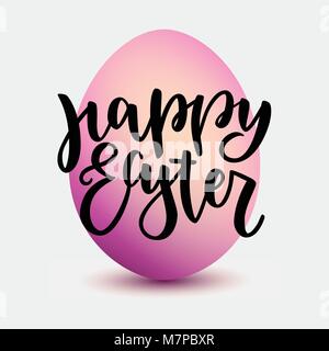 Happy Easter lettering for greeting card onpink gradient egg background. Vector illustration isolated on grey background. Modern black brush ink handlettering Stock Vector