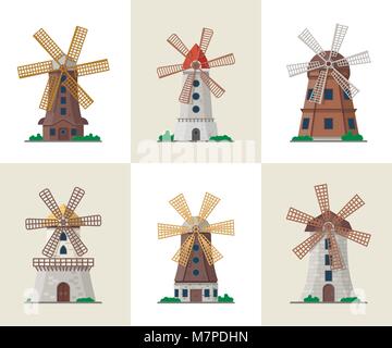 Traditional old windmill buildings set Stock Vector