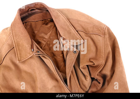 Classic tan leather jacket isolated on white. Stock Photo