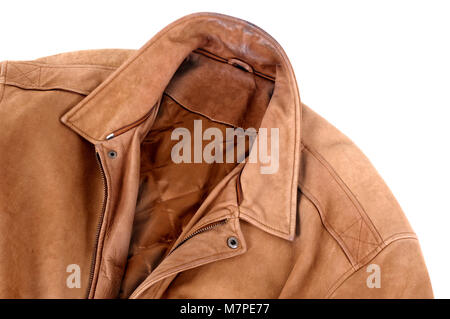 Classic tan leather jacket isolated on white (path provided). Stock Photo