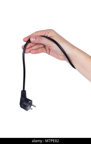 hand holding black Electric plug isolated on white background Stock Photo