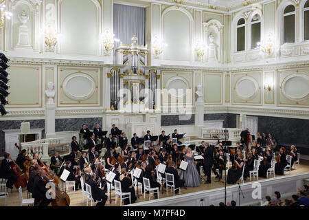 St. Petersburg, Russia - November 15, 2017: Symphony orchestra of Irkutsk philharmonia on the stage of State Academic Capella of St. Petersburg. Stock Photo
