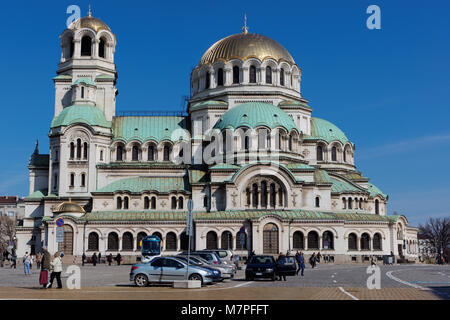 Sofia, Bulgaria - March 5, 2016: People in front of the St. Alexander Nevsky Cathedral. It was built in 1882-1912, and is the second-largest cathedral Stock Photo