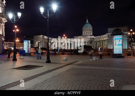 St. Petersburg, Russia - October 25, 2015: Night view to Kazan Cathedral from Malaya Koniushennaya street. The temple was built in 1801-1811 by design Stock Photo
