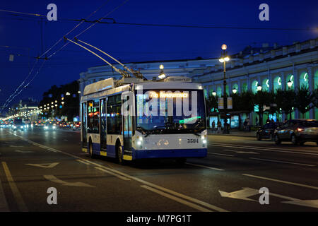 St. Petersburg, Russia - August 18, 2015: Trolleybus in operation on the Nevsky avenue. This model created by TROLZA, the Russia's largest producer of Stock Photo