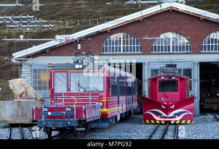 Jungfraujoch, Switzerland - October 27, 2016: Train mounted snowplow at Kleine Scheidegg station to Jungfraujoch Stock Photo