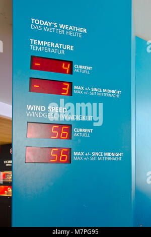 Jungfraujoch, Switzerland - October 27, 2016: Temperature and wind speed display at visitor hall on Jungfraujoch Stock Photo