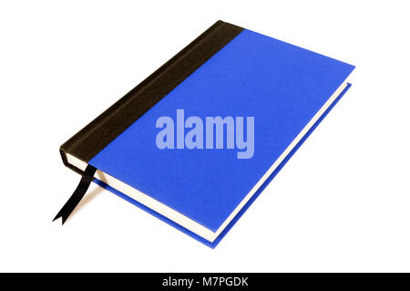 Blue and black hardback book with ribbon bookmark isolated on a white background.  Space for copy.
