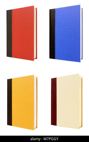 Four colorful hardback books with standing upright against a white background.  Note:  this image is a combination of four separate files Stock Photo