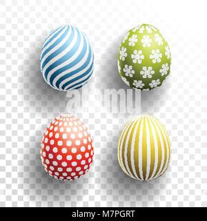 Happy Easter colored Eggs set with shadows on transparent background. Vector illustration for Spring Celebration with Easter Egg Hunt element. Stock Vector