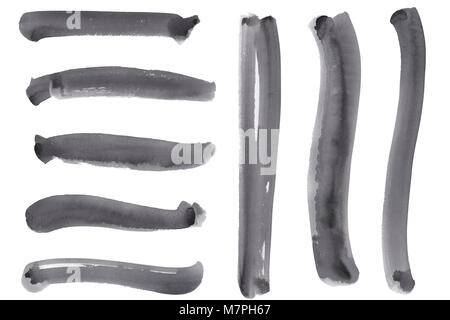 Set of black watercolor brush strokes isolated on white background as a backdrop's design element collection. Kit of Ink of multiple straight and curv Stock Photo